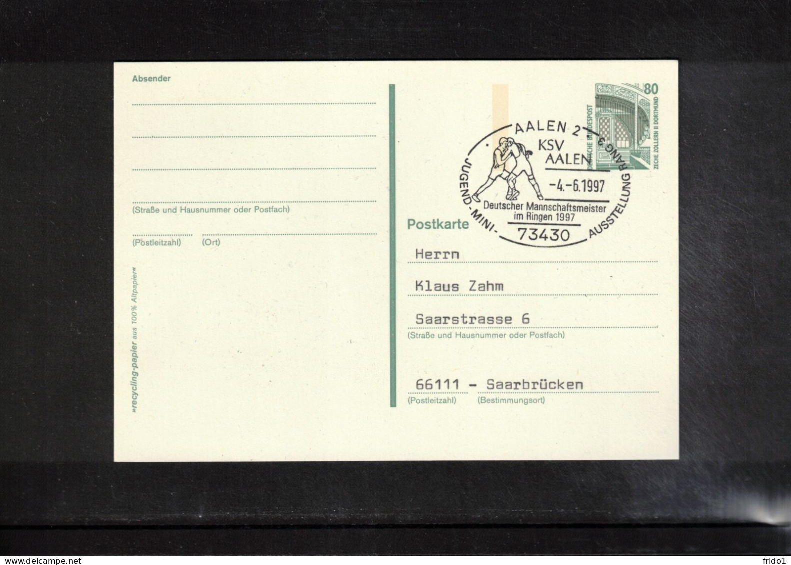 Germany / Deutschland 1997 German Wrestling Championship Aalen Interesting Postmark - Wrestling