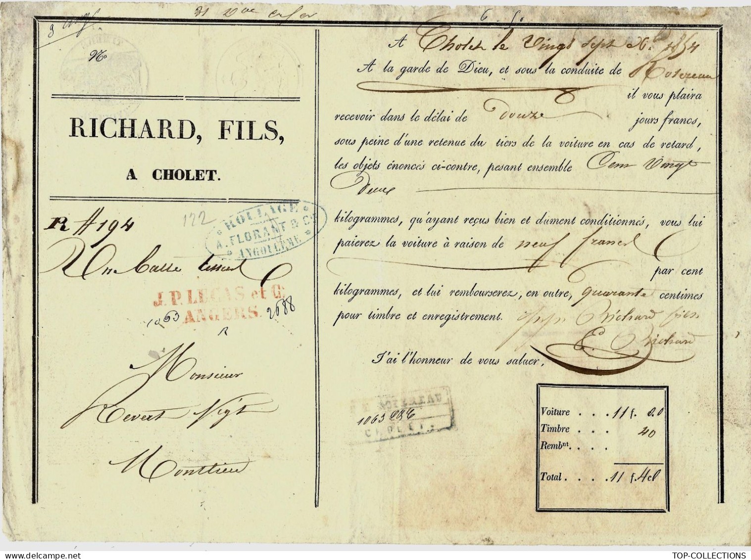 1854  LETTRE DE VOITURE ROULAGE TRANSPORT Richard Fils Cholet  Balle Tissus Pour Revert à Montlieu Charente - 1800 – 1899