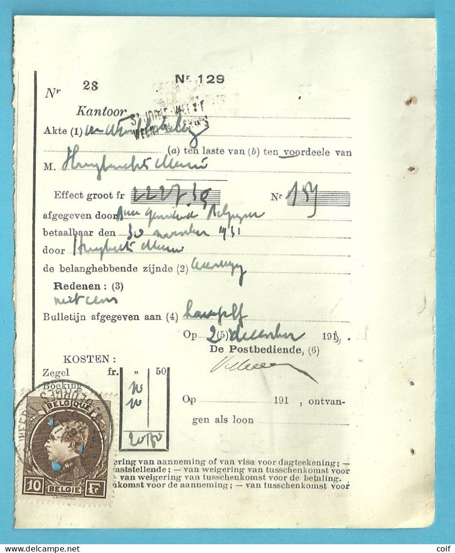 PROTET DE NON PAYEMENT D'EFFET Affr. 289 (10Fr) Obl. ST-JORIS-WEERT / WEERT-ST-GEORGES (perfo Réglementaire Du Timbre) - 1929-1941 Grand Montenez
