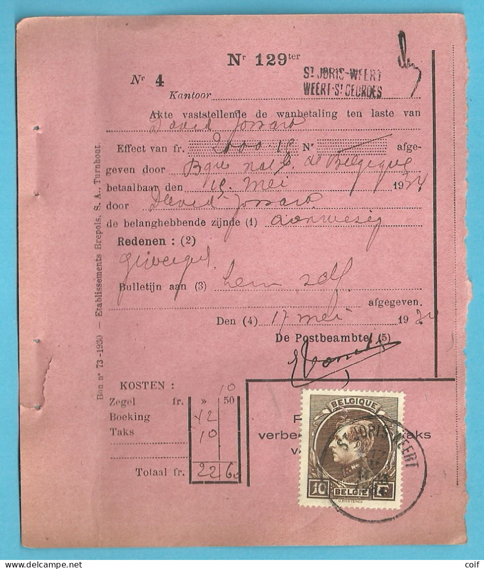 PROTET DE NON PAYEMENT D'EFFET Affr. 289 (10Fr)  Obl. ST-JORIS-WEERT / WEERT-ST-GEORGES (perfo Réglementaire Du Timbre) - 1929-1941 Grand Montenez
