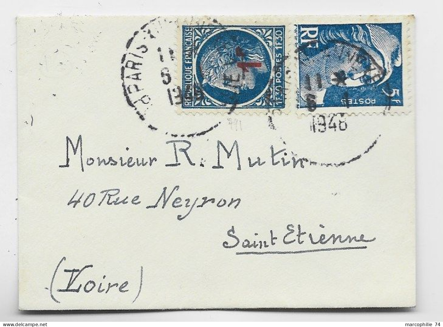 FRANCE MAZELIN N° 791 + GANDON 5FR BLEU MIGNONNETTE FERMEE PARIS 6.1.1948 POUR ST ETIENNE AU TARIF - 1945-47 Ceres Of Mazelin