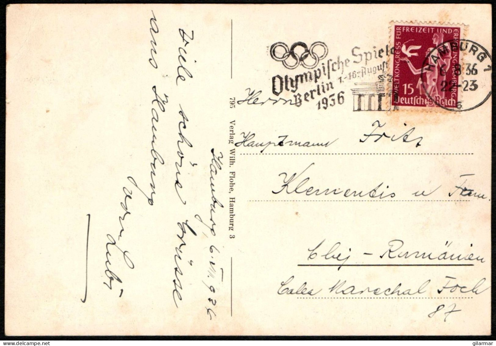 GERMANY HAMBURG 1936 - OLYMPIC GAMES BERLIN '36 - MAILED CARD - G - Sommer 1936: Berlin