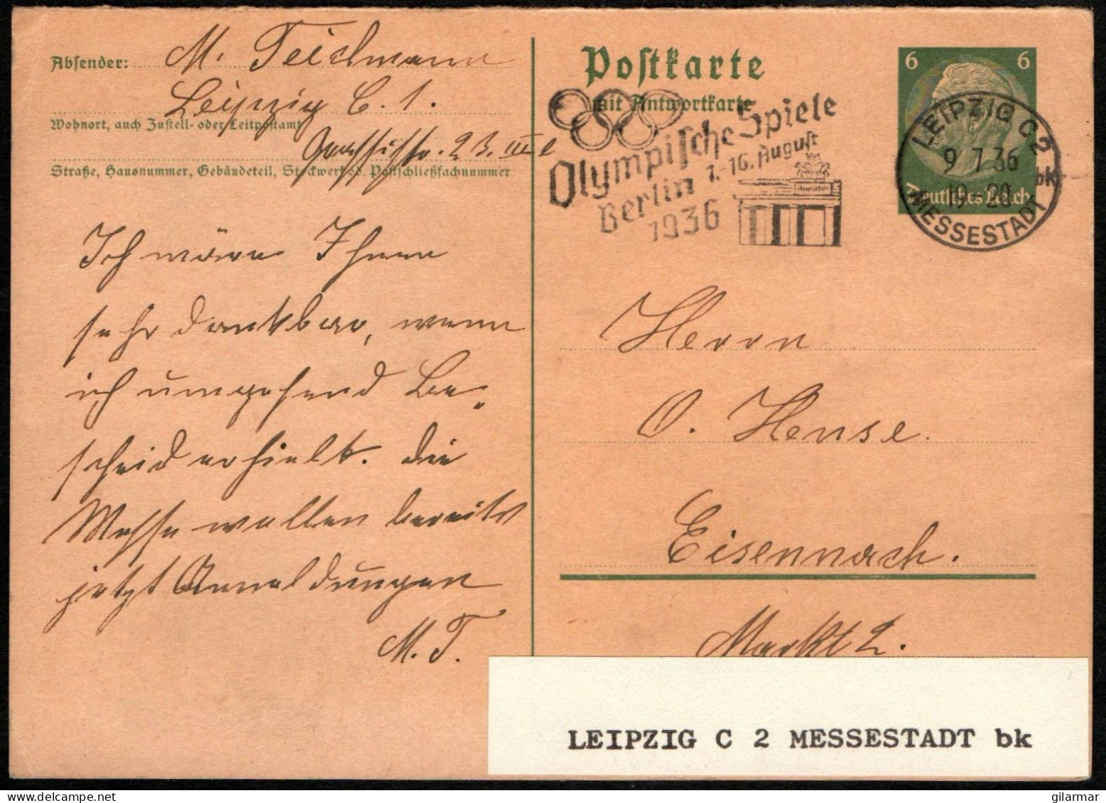 GERMANY LEIPZIG 1936 - OLYMPIC GAMES BERLIN '36 - MAILED POSTAL CARD - STATIONERY - G - Estate 1936: Berlino