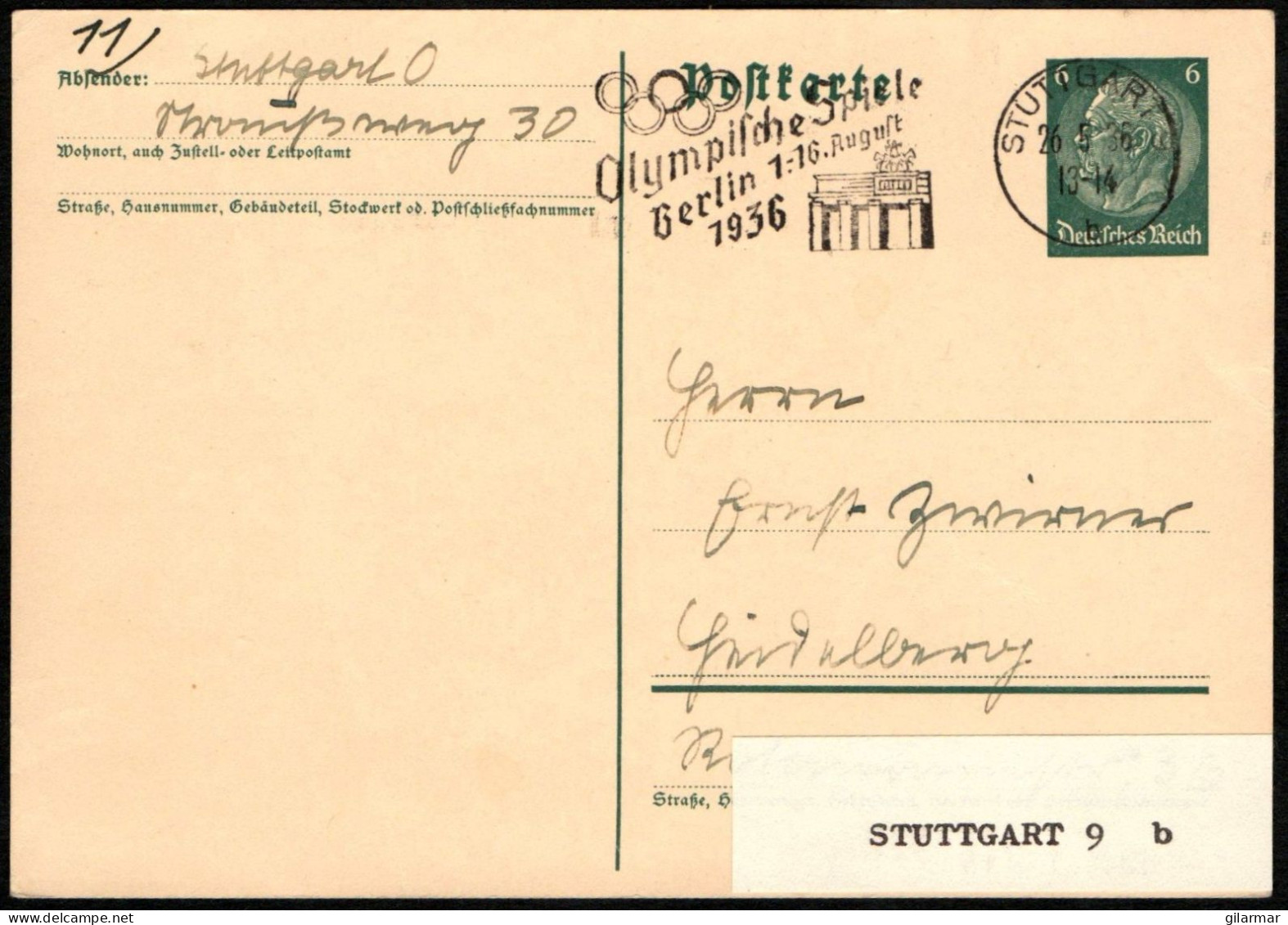 GERMANY STUTTGART 1936 - OLYMPIC GAMES BERLIN '36 - MAILED POSTAL CARD - STATIONARY - G - Summer 1936: Berlin