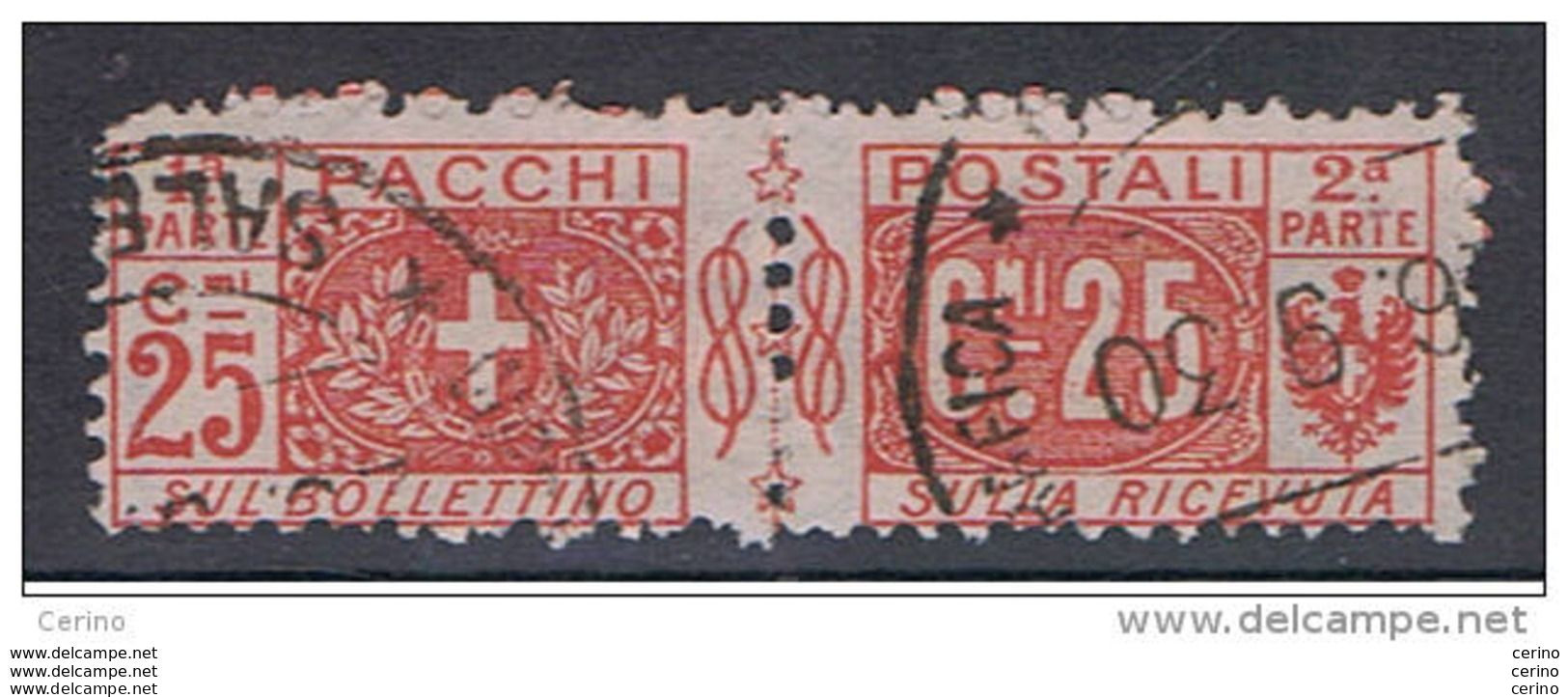 REGNO:  1914/22  PACCHI  POSTALI  -  25 C. ROSSO  US. -  DENTELLATURA  IMPASTATA  -  SASS. 10 - Colis-postaux