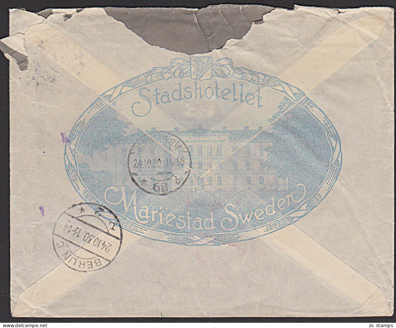 Mariestad Sweden Stadshotellet Par Avion R-Bf 1930 "Mit Luftpost Befördert Berlin C2" - Lettres & Documents