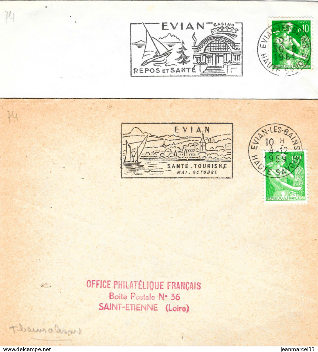 Lettres Thermalisme Flammes Illustrées NC =o Evian-les-Bains  1959 Et 1961 " Repos Et Santé...... - Termalismo