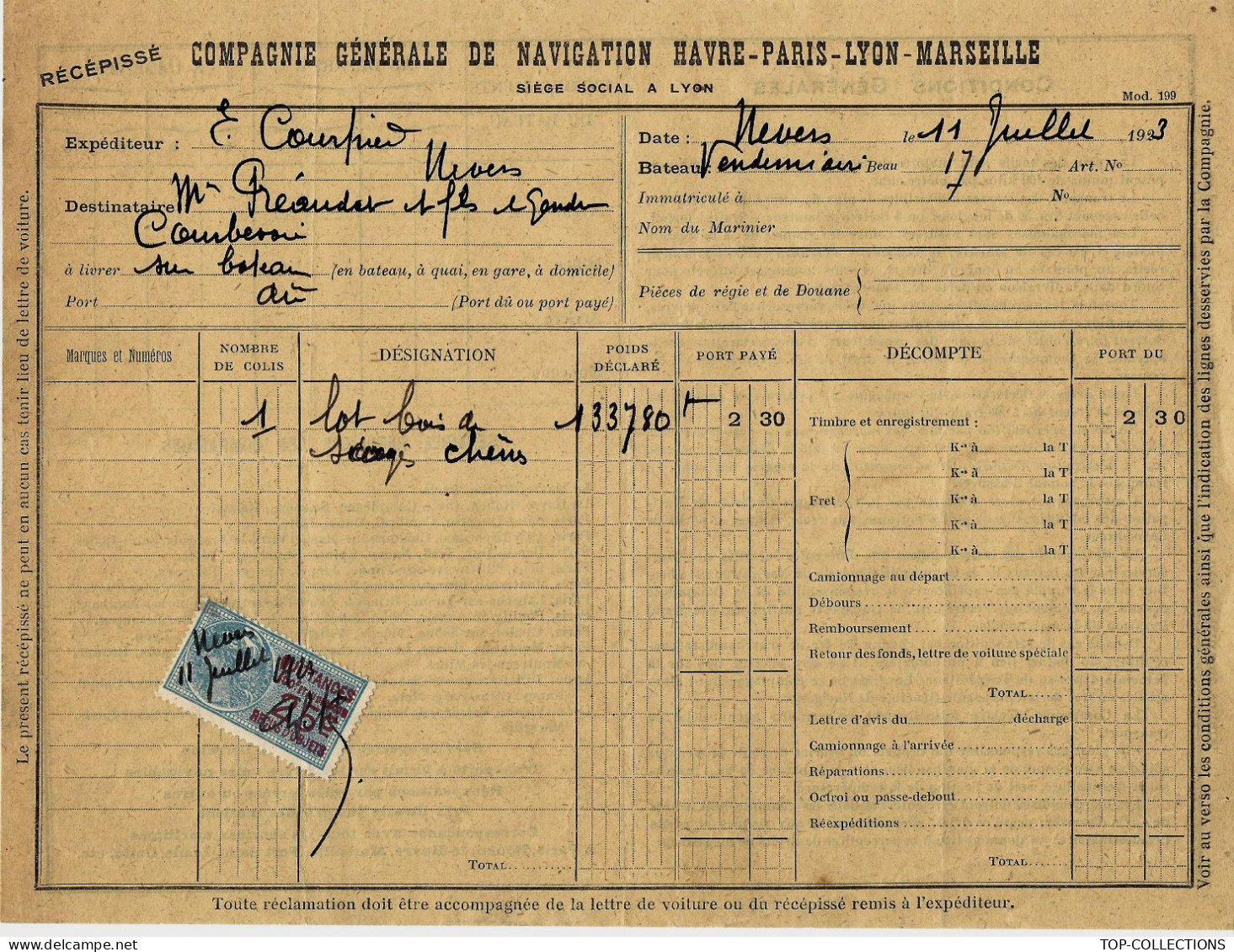 1923  RARE ENTETE Cie Générale Navigation HAVRE PARIS LYON MARSEILLE H.P.L.M.  CONNAISSEMENT BILL OF LADING V.HISTORIQUE - 1900 – 1949