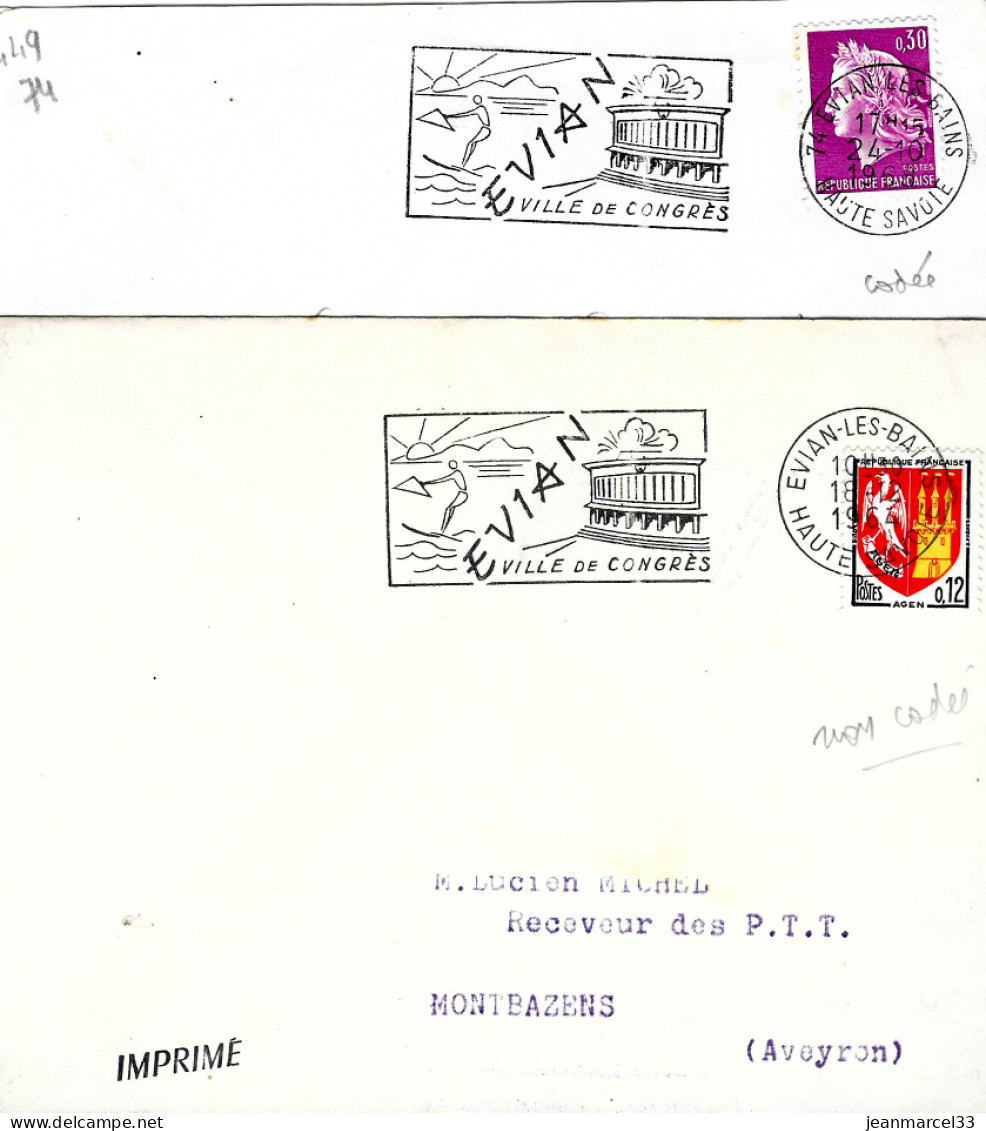 Lettres Thermalisme Flammes Illustrées NC Et C =o Evian-les-Bains  1964 Et 1968 " Ville De Congrès...... - Thermalisme