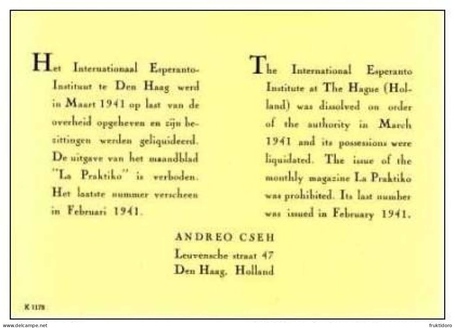 AKEO 20 Esperanto Card 1941 - German Occupation - Prohibition Of Esperanto - Germana Okupacio - Esperanto Malpermesata - Esperanto