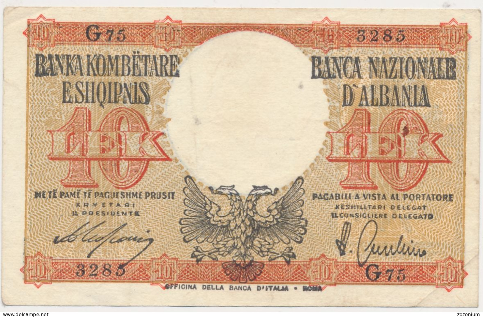 10 Lek - Regno D'Italia E Albania - Banca Nazionale D'Albania - Non Classés