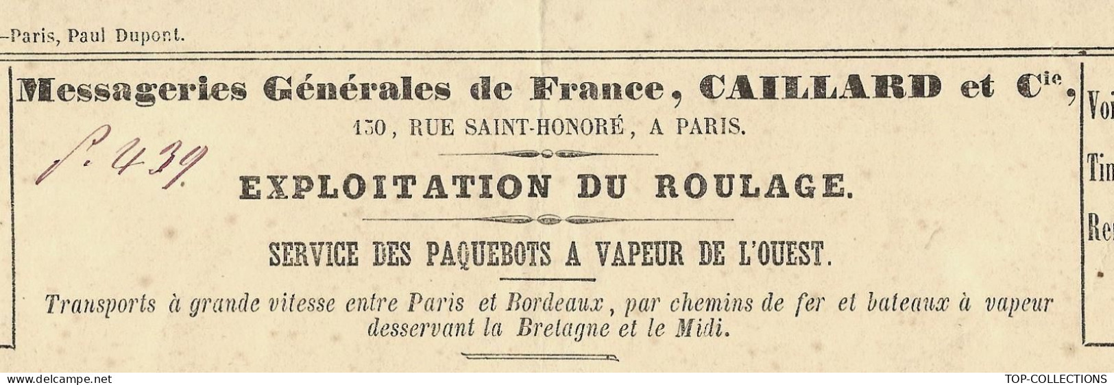 1851 NAVIGATION Direction Des Paquebots  MESSAGERIES FRANCE Caillard Paris Pour Cabrol Jeune Bordeaux - 1800 – 1899