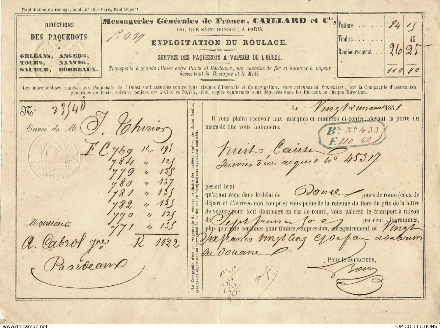 1851 NAVIGATION Direction Des Paquebots  MESSAGERIES FRANCE Caillard Paris Pour Cabrol Jeune Bordeaux - 1800 – 1899