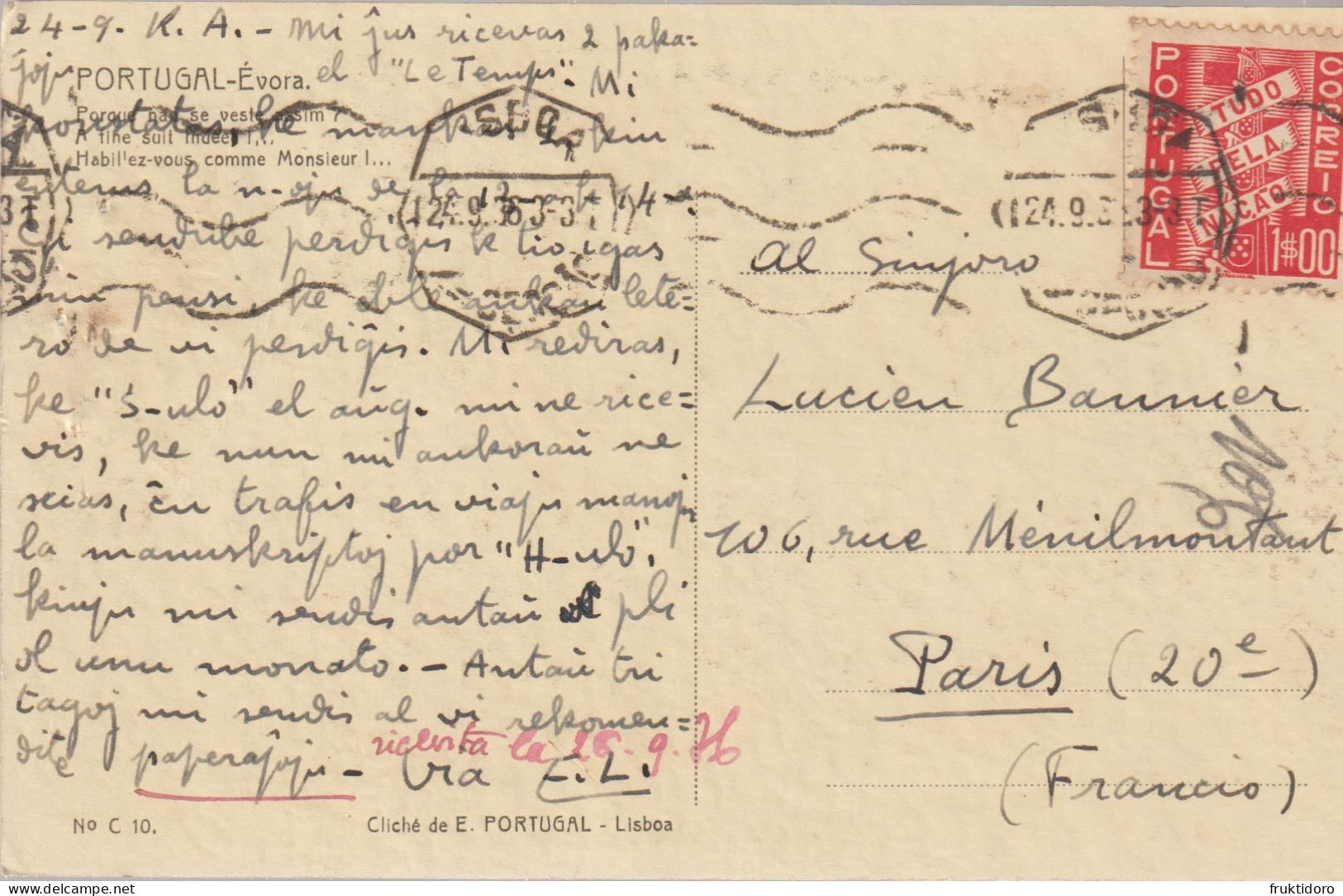 AKEO 34 Card Portugal From E. Lanti To Lucien Bannier 1936 - Cancelled - Karto De Lanti Al Lucien Bannier - Esperanto