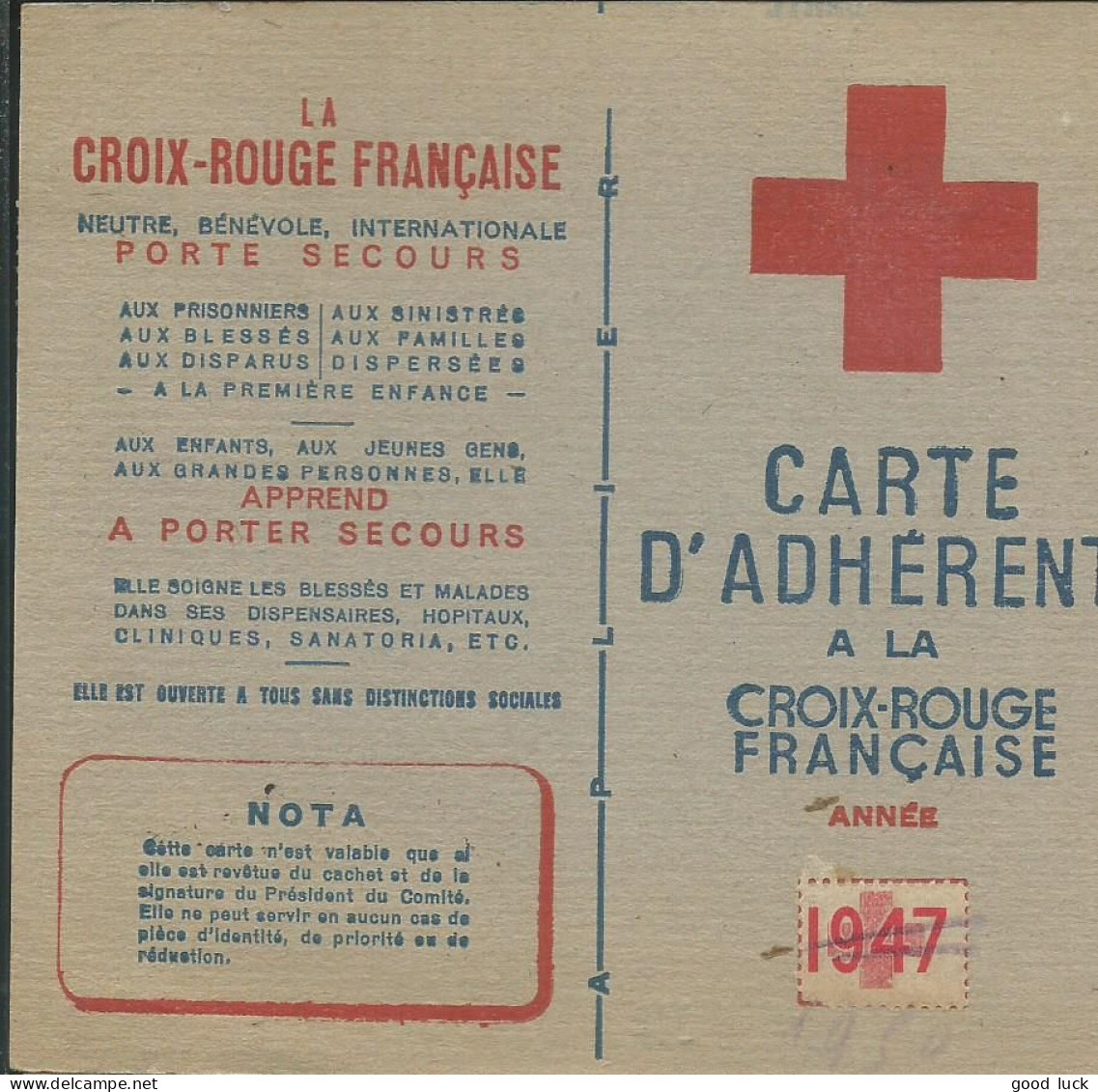 CARTE  CROIX ROUGE D' ADHERENT DE LUXEUIL ( HAUTE SAONE ) NON PLIEE DE 1947 LETTRE COVER - Croce Rossa