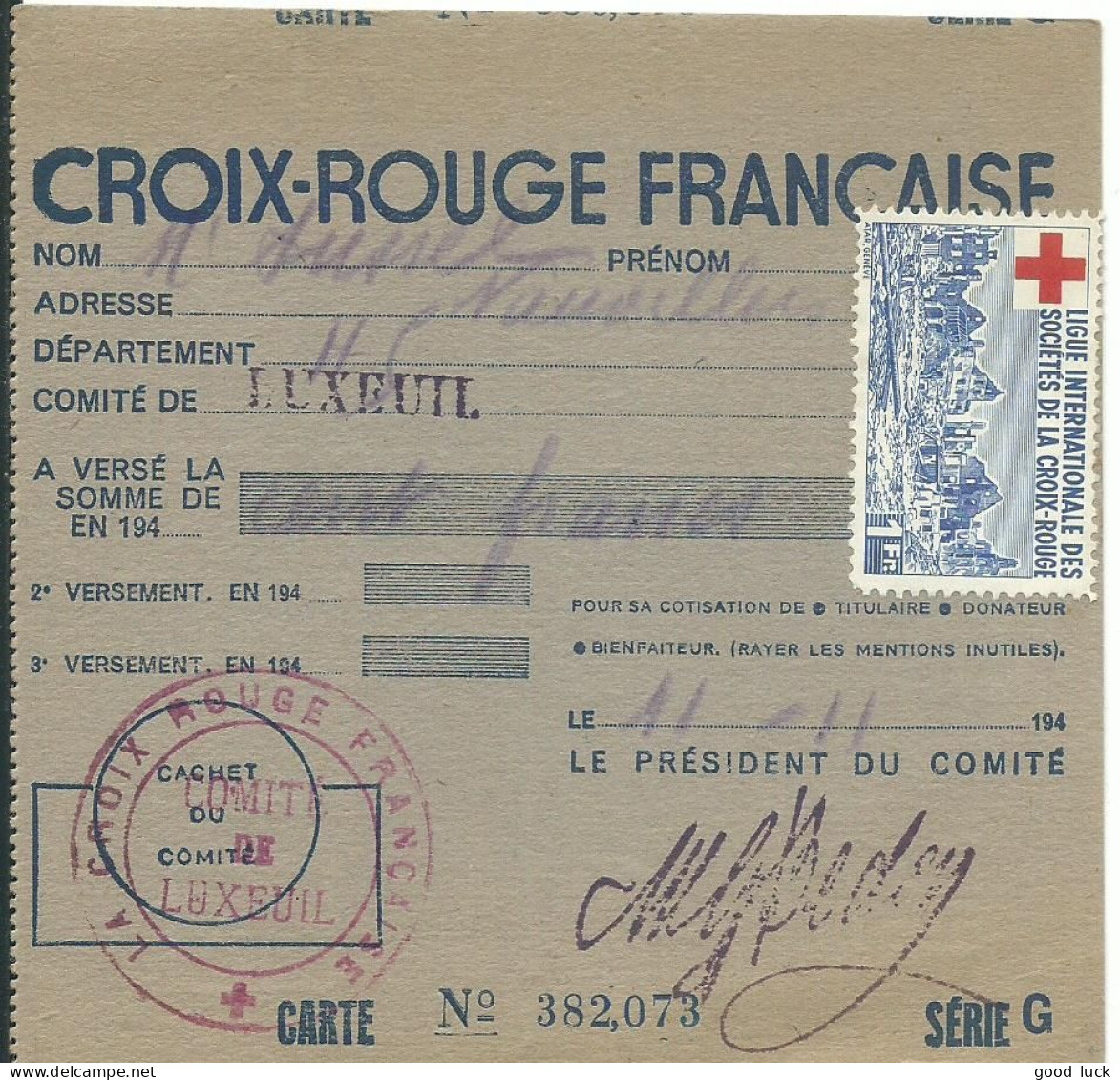 CARTE  CROIX ROUGE D' ADHERENT DE LUXEUIL ( HAUTE SAONE ) NON PLIEE DE 1947 LETTRE COVER - Rotes Kreuz