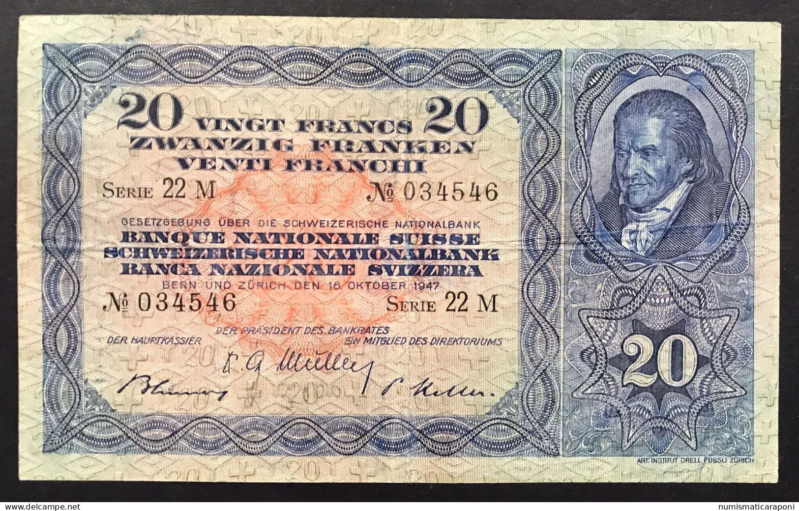 Svizzera Suisse  20 Francs Franken Franchi 1947 Bb+ Naturale LOTTO 4549 - Suisse