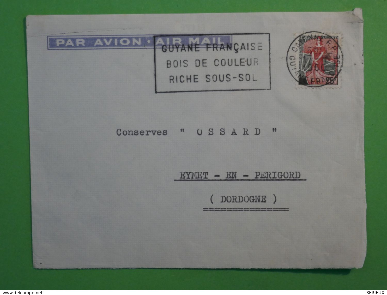 BS12  GUYANNE  BELLE LETTRE   1950 CAYENNE  A EYMET FRANCE +CHAR ROMAIN  + AFF. PLAISANT+ +++ - Lettres & Documents