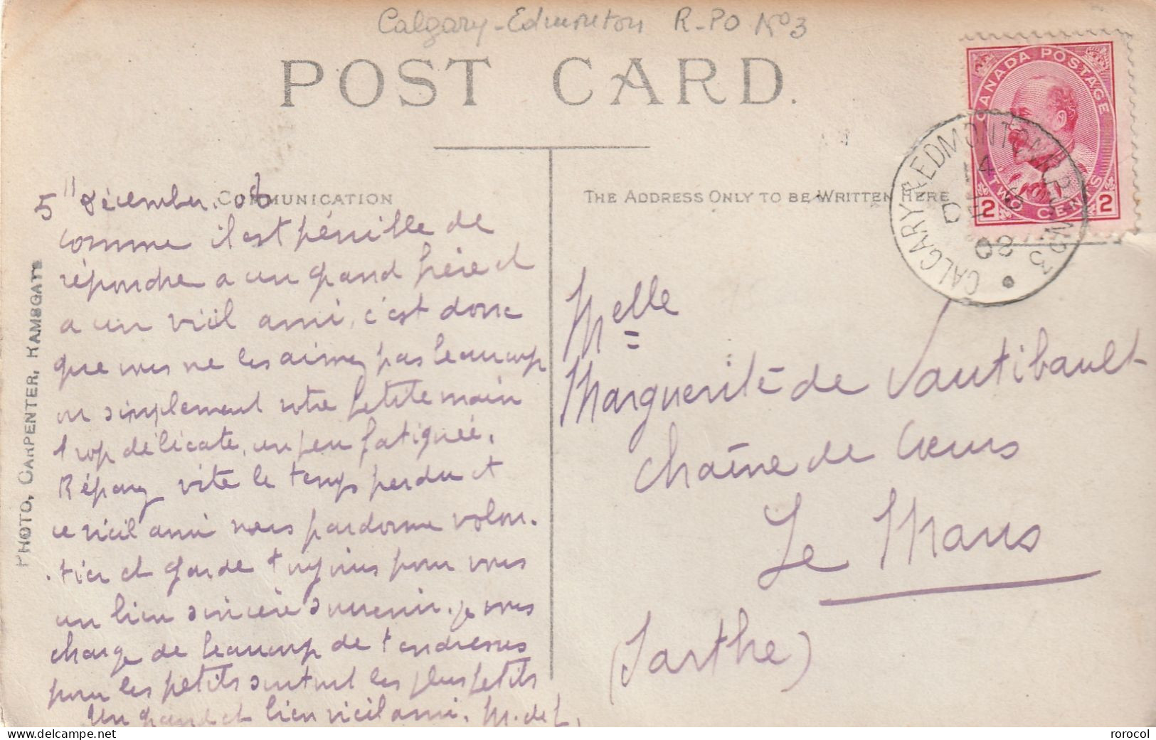 CANADA CP CALGARY EDMONTON R.PO N°3 1908 Pour La France - Briefe U. Dokumente