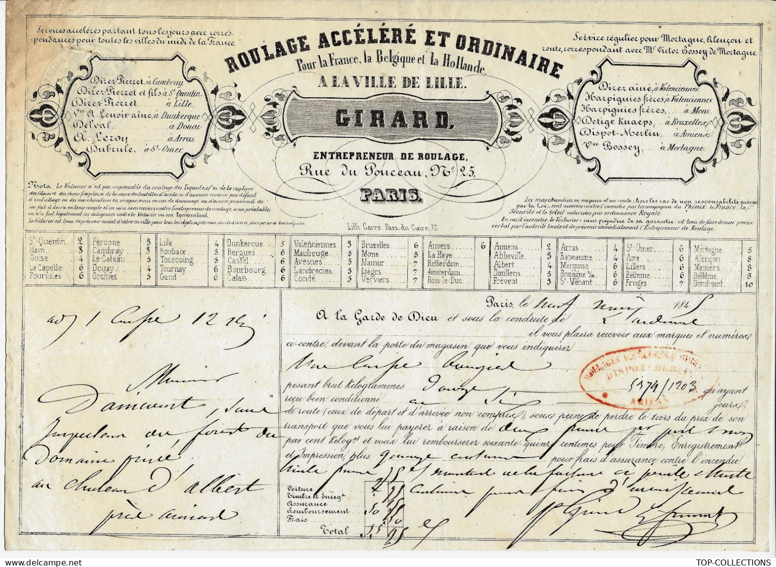 1845  ROULAGE TRANSPORT LETTRE DE VOITURE  Girad Paris « A La Ville De Lille »  Pour Chateau  D’Albert  	Près D’Amiens - 1800 – 1899