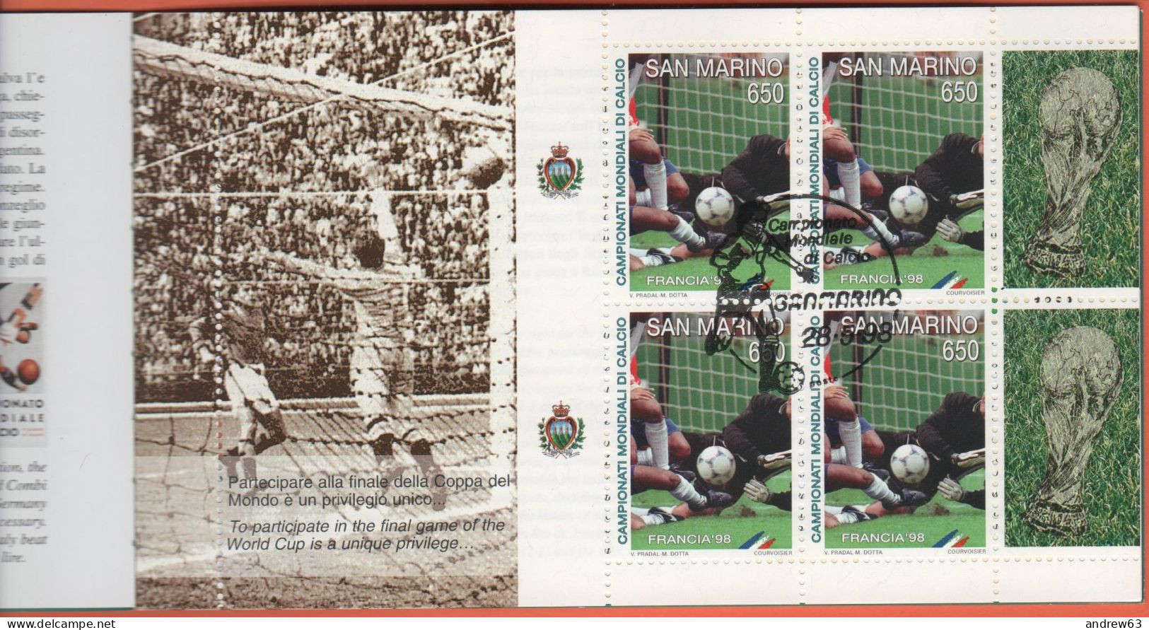 SAN MARINO - 1998 - L5 Campionati Mondiali Di Calcio - Usato Con Annullo Primo Giorno - FDC - Carnets