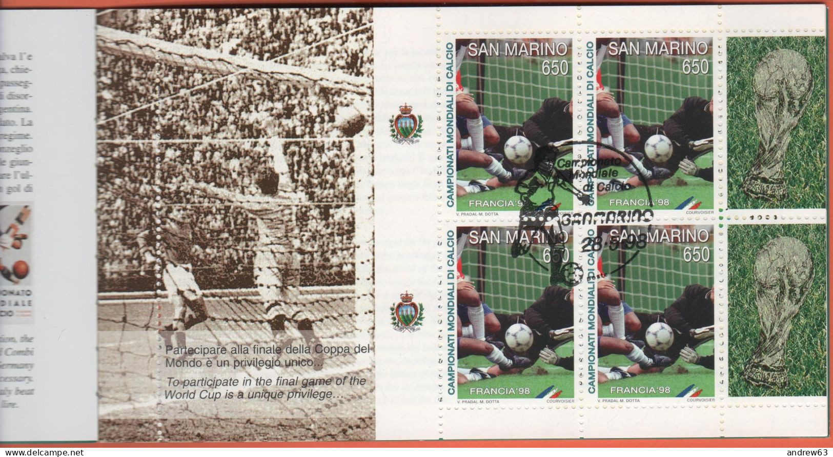 SAN MARINO - 1998 - L5 Campionati Mondiali Di Calcio - Usato Con Annullo Primo Giorno - FDC - Booklets