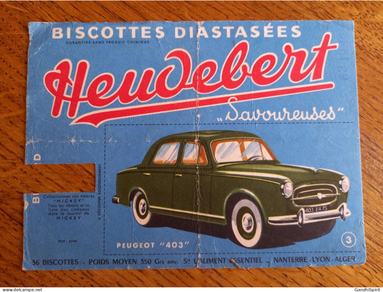 Buvard - Automobile, Voiture Peugeot 403 Immatriculée 403 EA 75 - Biscottes Heudebert - Macchina