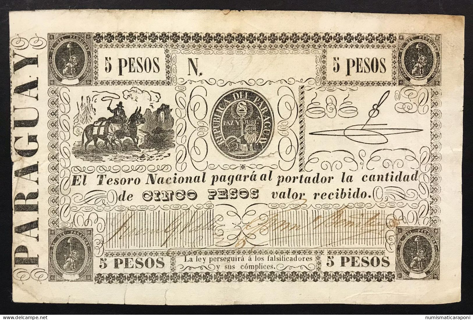 Paraguay 5 Pesos 1862 Pick#17 Taglietti  Lotto.2459 - Paraguay