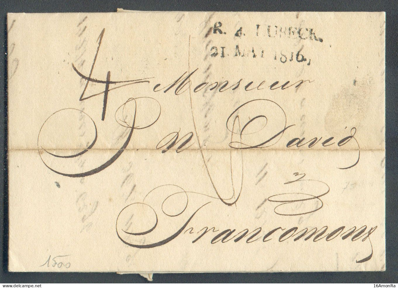 LAC (griffe) R.4. LUBECK 21 MAI 1816 Vers Francomont + (au Verso) Entrée, Griffe Noire Cursive HENRI-CHAPELLE (Vdl 1713) - 1815-1830 (Holländische Periode)