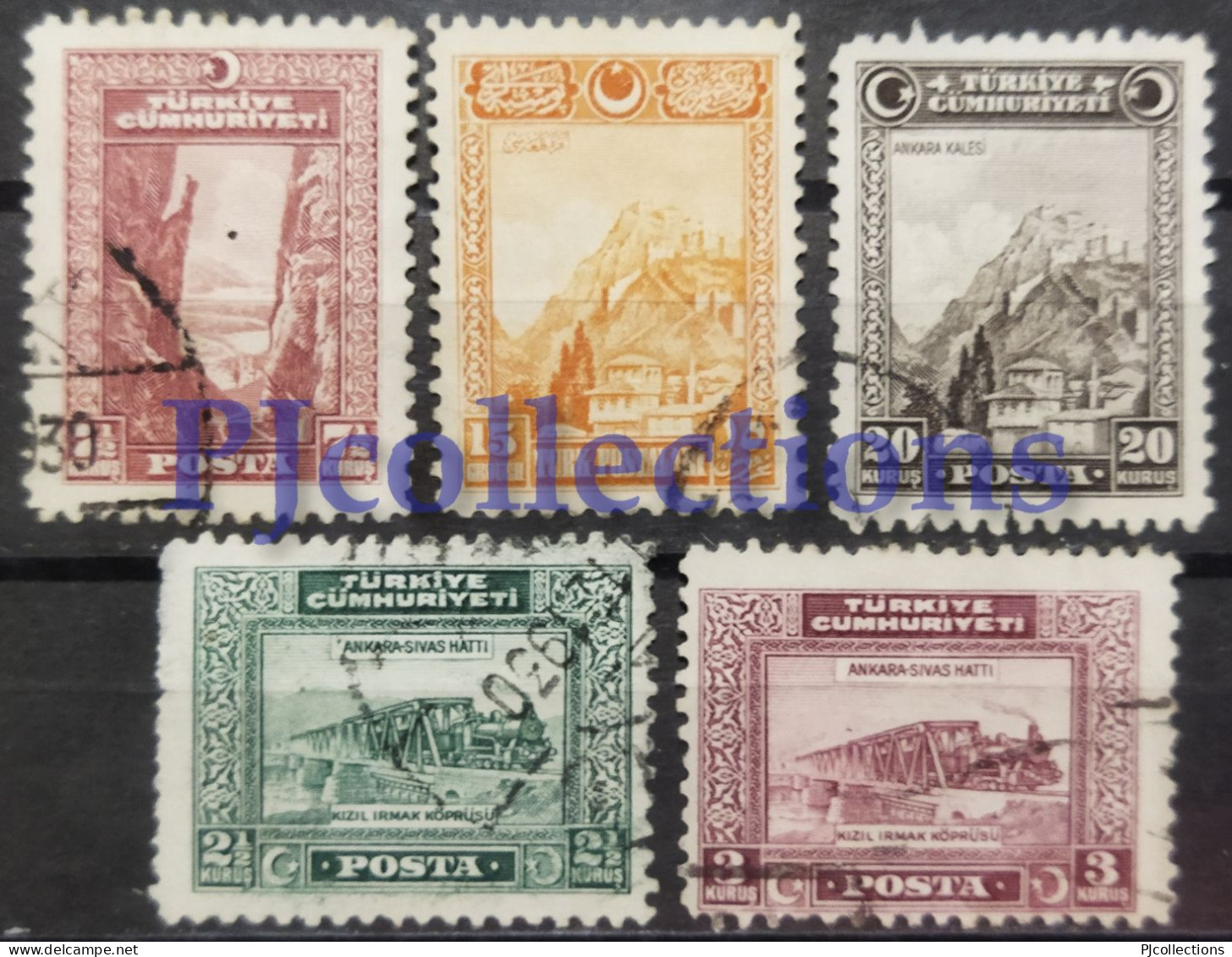 N1126- TURCHIA - TURKEY 1926/30 FORTEZZA - PONTE - GOLA SAKARYA - FORTRESS - BRIDGE - GORGE SET 5 STAMPS USED - Gebraucht