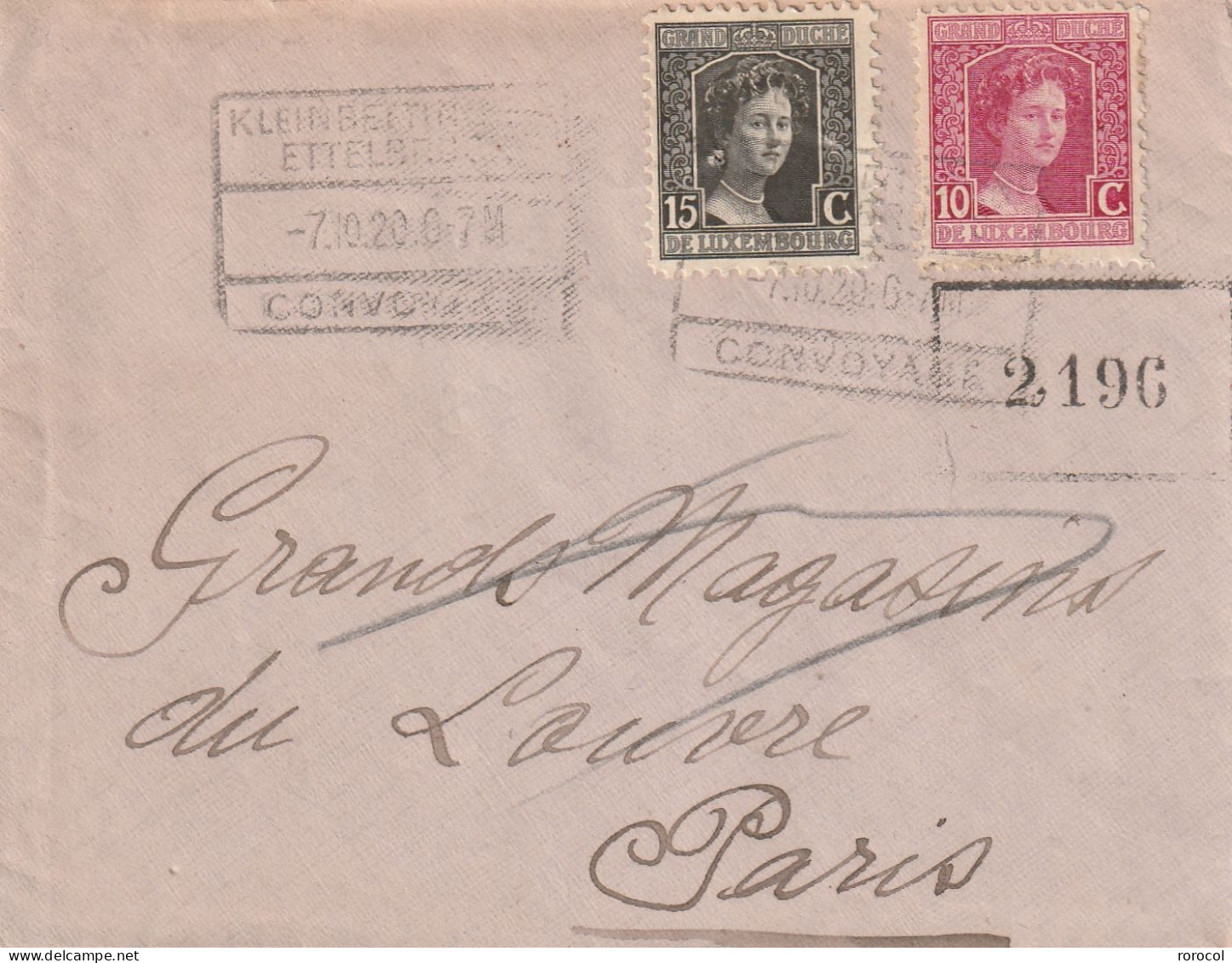 LUXEMBOURG Lettre 1920 Cad CONVOYAGE  Pour PARIS - 1914-24 Marie-Adelaide