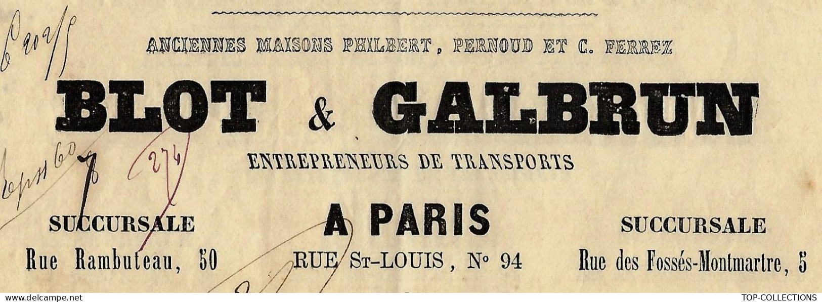 1854    ENTETE Blot & Galbrun  Paris TRANSPORT ROULAGE LETTRE DE VOITURE => Bassel Négociant  Lyon CAISSE QUINCAILLERIE - 1800 – 1899