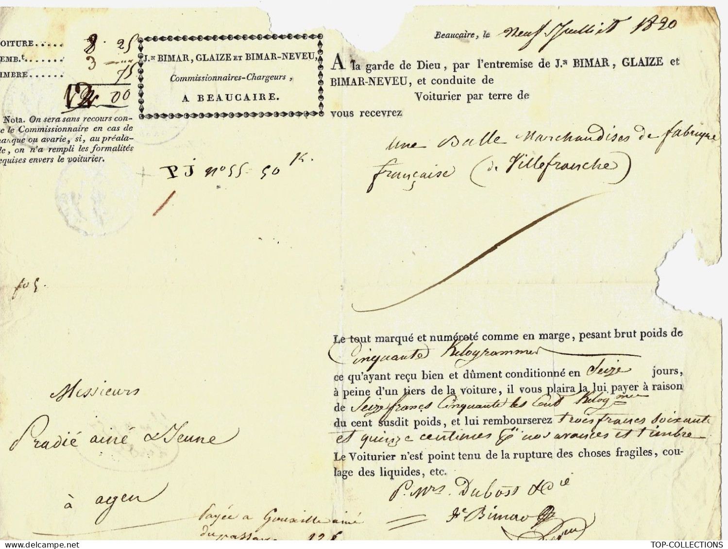 1820 Bimar Glaize & Bimar Neveu  à Beaucaire ROULAGE TRANSPORT LETTRE DE VOITURE Pour Pradier Agen  Ballet  Marchandises - 1800 – 1899