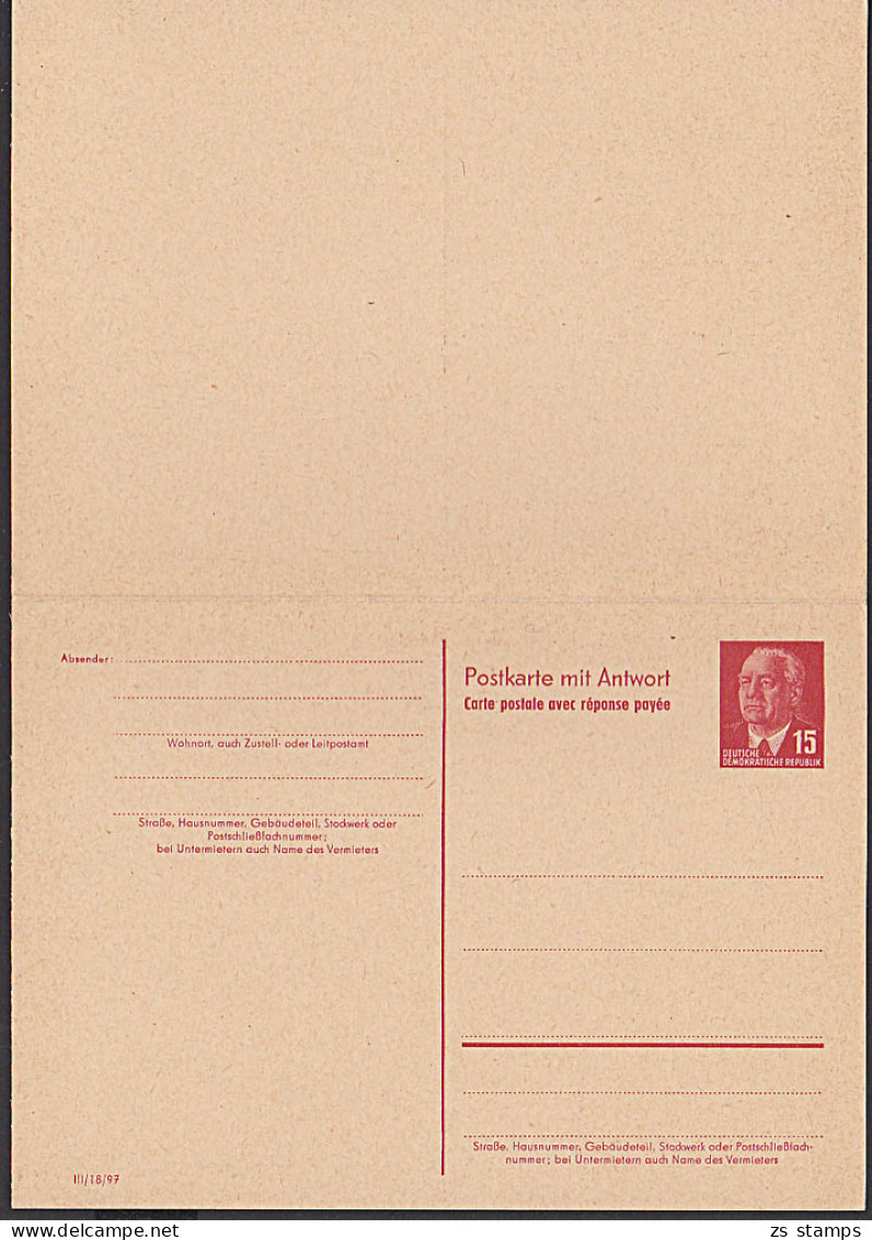 Germany DDR P65a 15/15 Pf. Kpl. Ausland-Antwortkarte Wilhelm Pieck Ungebraucht - Postcards - Mint