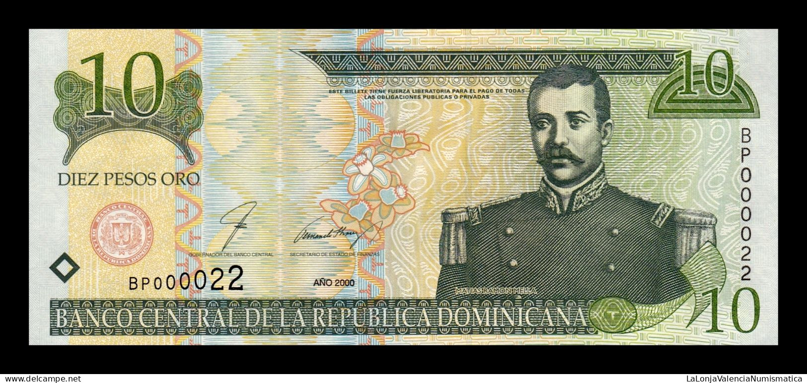 República Dominicana 10 Pesos Oro 2000 Pick 165 Low Serial 22 Sc Unc - Dominicaine