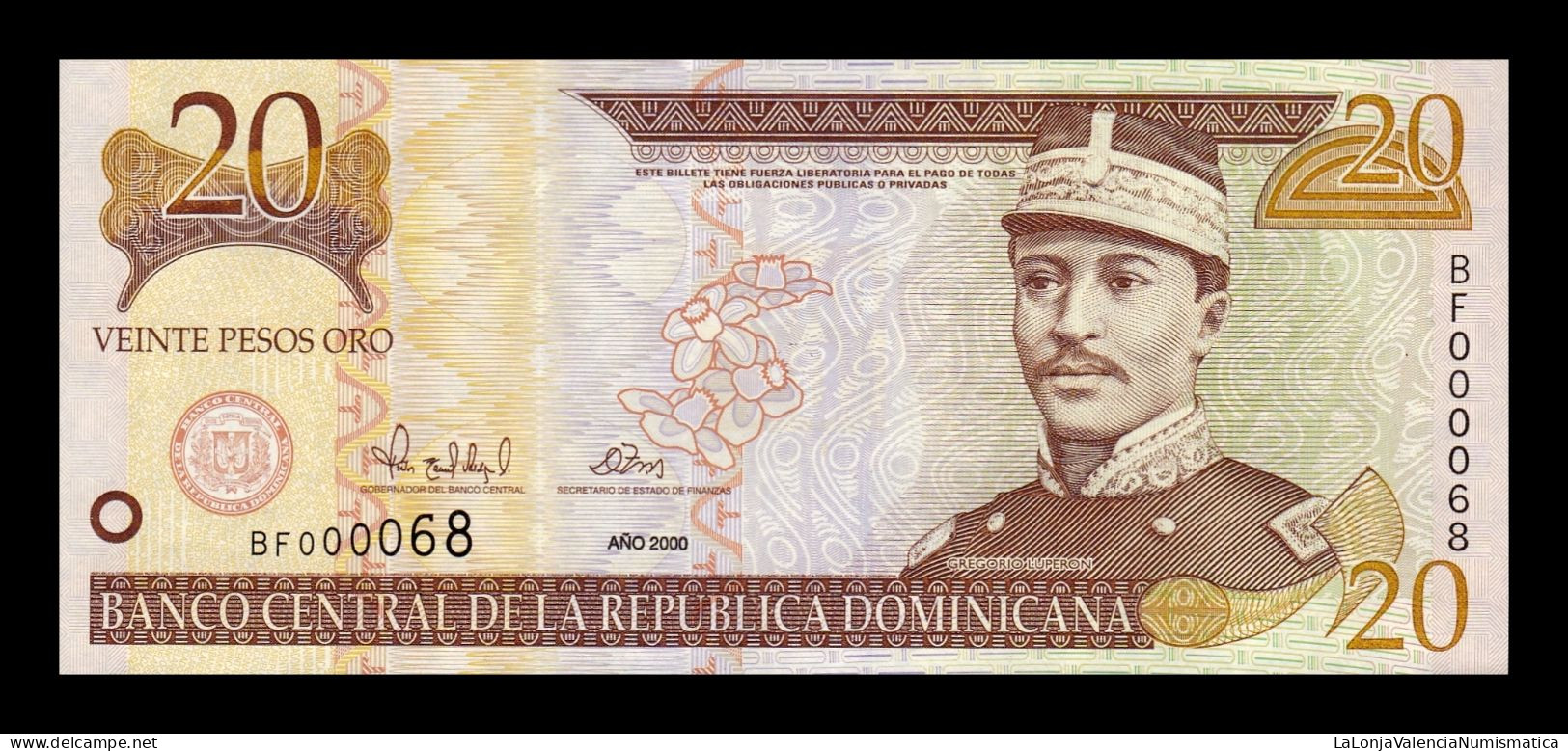 República Dominicana 20 Pesos Oro 2000 Pick 160 Low Serial 68 Sc Unc - Dominicaine