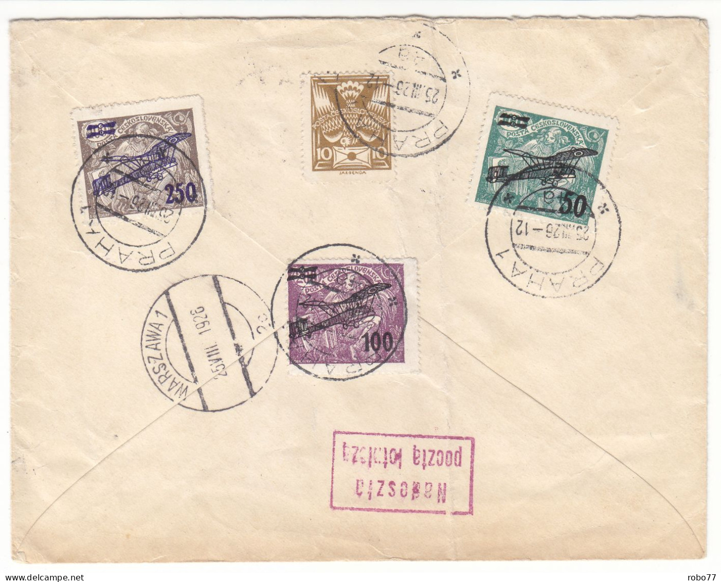 1926 Czechoslovakia Airmail Registered Multifranked Cover, Letter. Praha - Warszawa, Poland.  RARE! (A06305) - Airmail