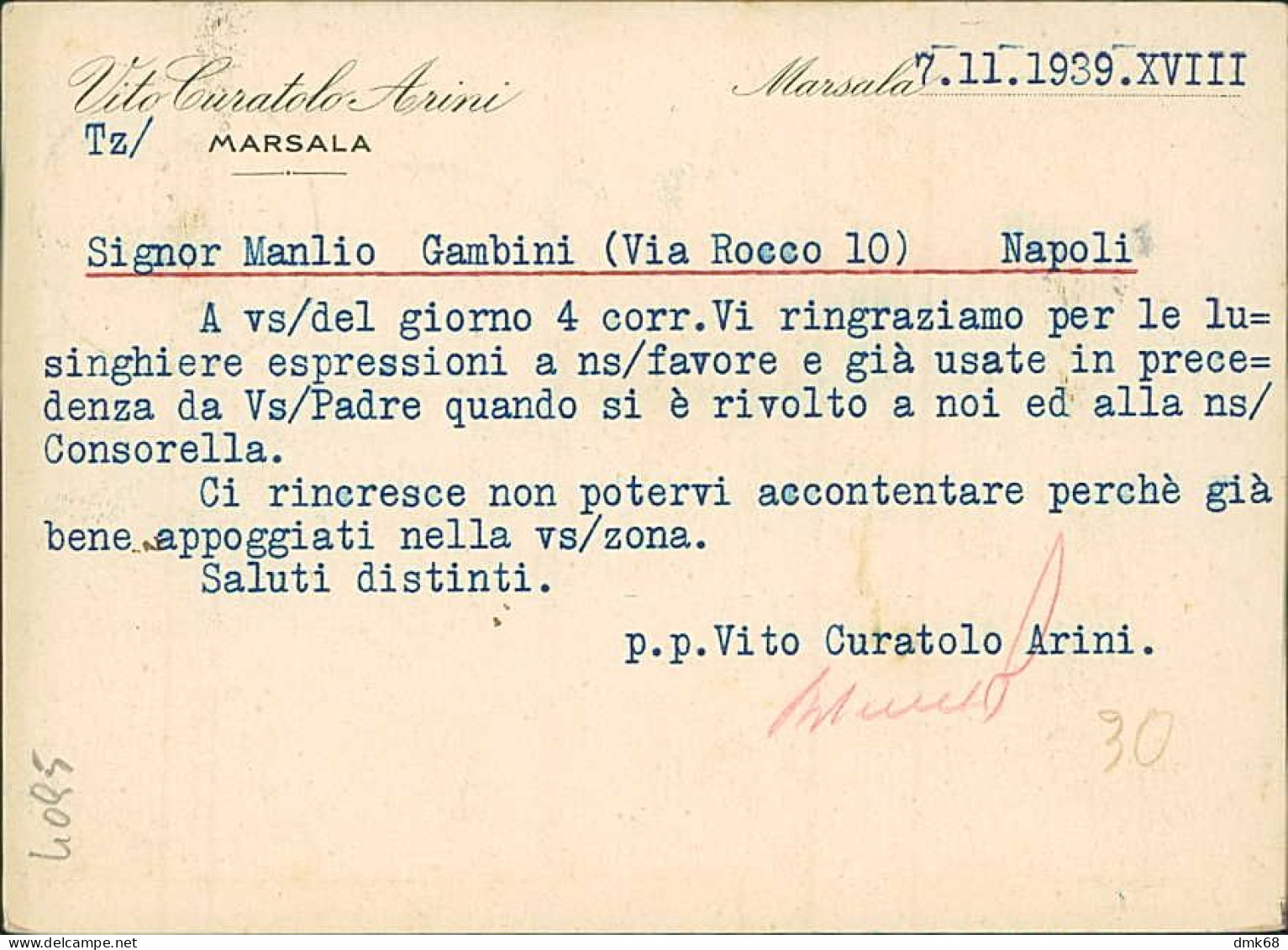 MARSALA - VITO CURATOLO ARINI - CARTOLINA PUBBLICITARIA / ADVERTISING - SPEDITA 1939  (15876) - Marsala