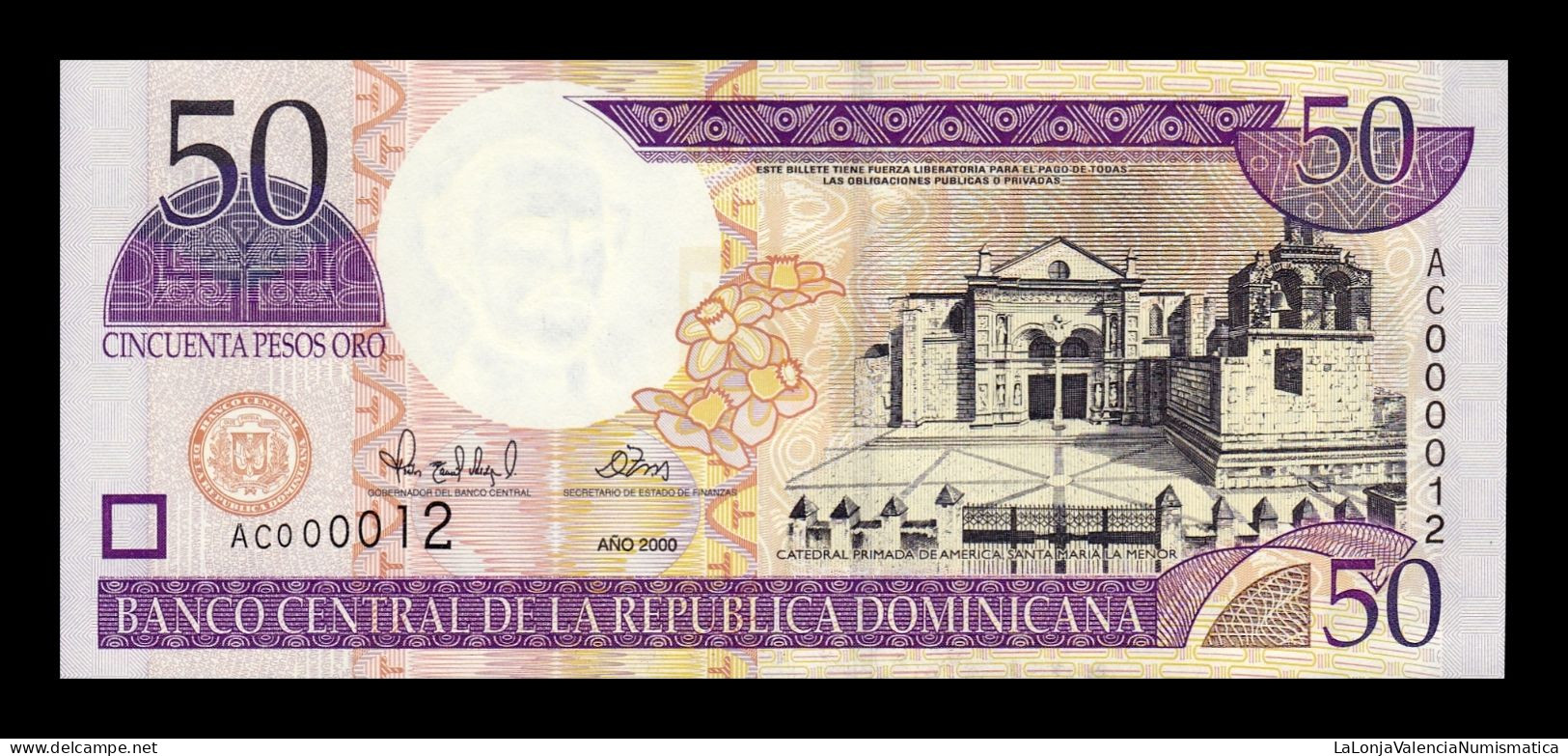 República Dominicana 50 Pesos Oro 2000 Pick 161 Low Serial 12 Sc Unc - Dominicaine