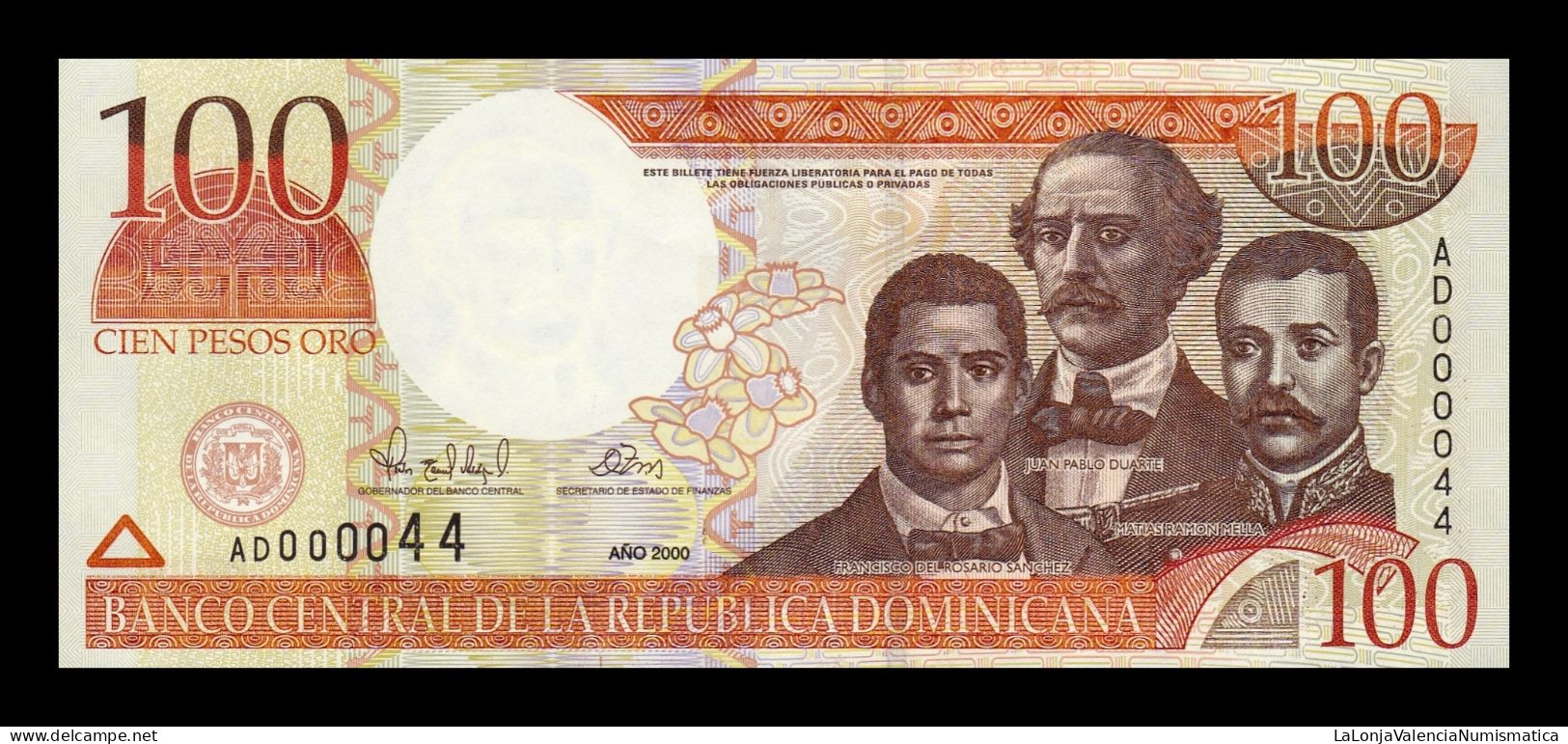 República Dominicana 100 Pesos Oro 2000 Pick 167 Low Serial 44 Sc Unc - Dominicaine