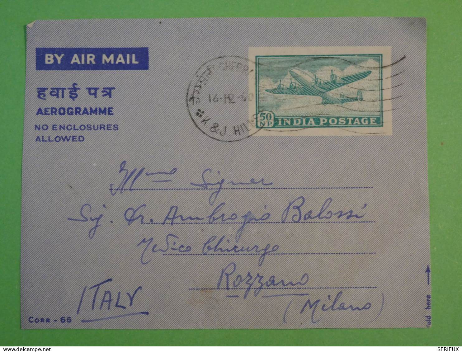 BS12 INDIA  LETTRE AEROGRAMME DEVANT  1940 AIR MAIL A ROZZANO ITALIA   ++ AFF. INTERESSANT+ +++ - Corréo Aéreo