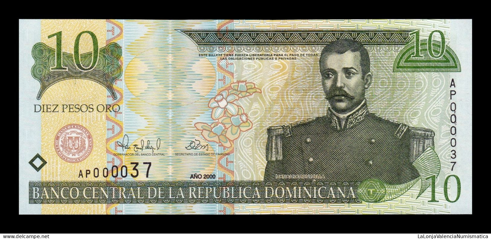 República Dominicana 10 Pesos Oro 2000 Pick 159 Low Serial 37 Sc Unc - Dominicaine