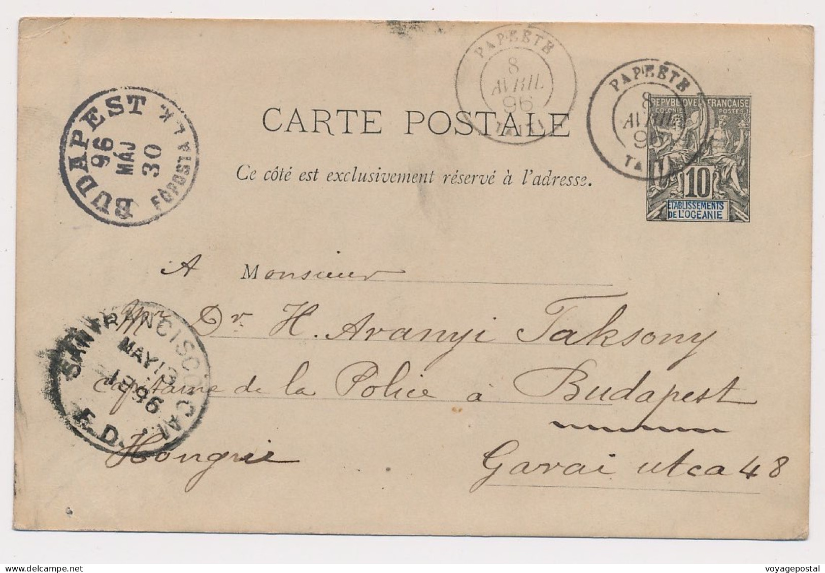 CARTE ENTIER POSTAL PAPEETE TAHITI VIA SAN FRANCISCO BUDAPEST HONGRIE CARD OCEANIE - Briefe U. Dokumente