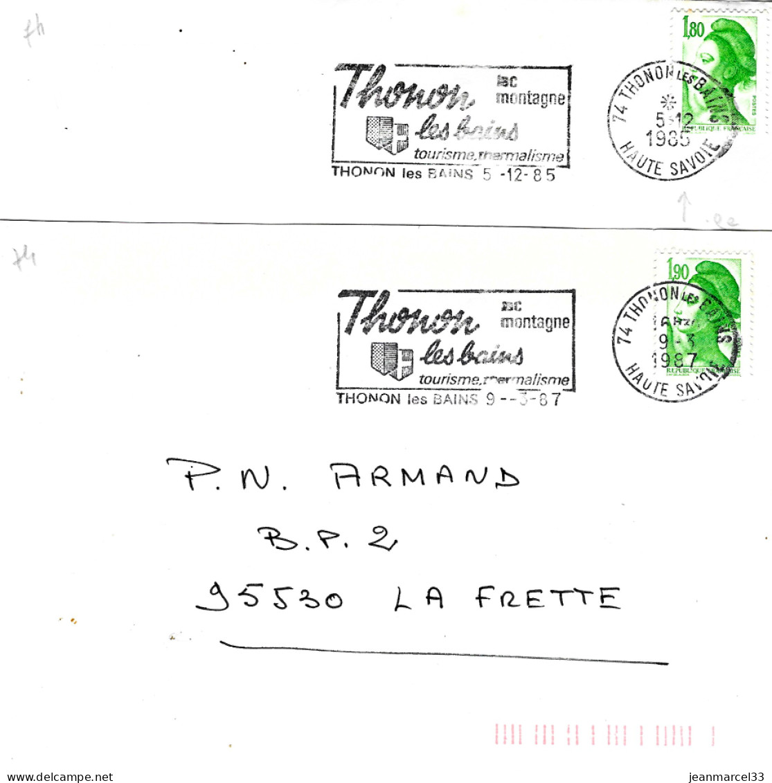 Lettres Thermalisme Flammes Illustrées =o 74 Thonon Les Bains 1985 Et 1987 - Hydrotherapy