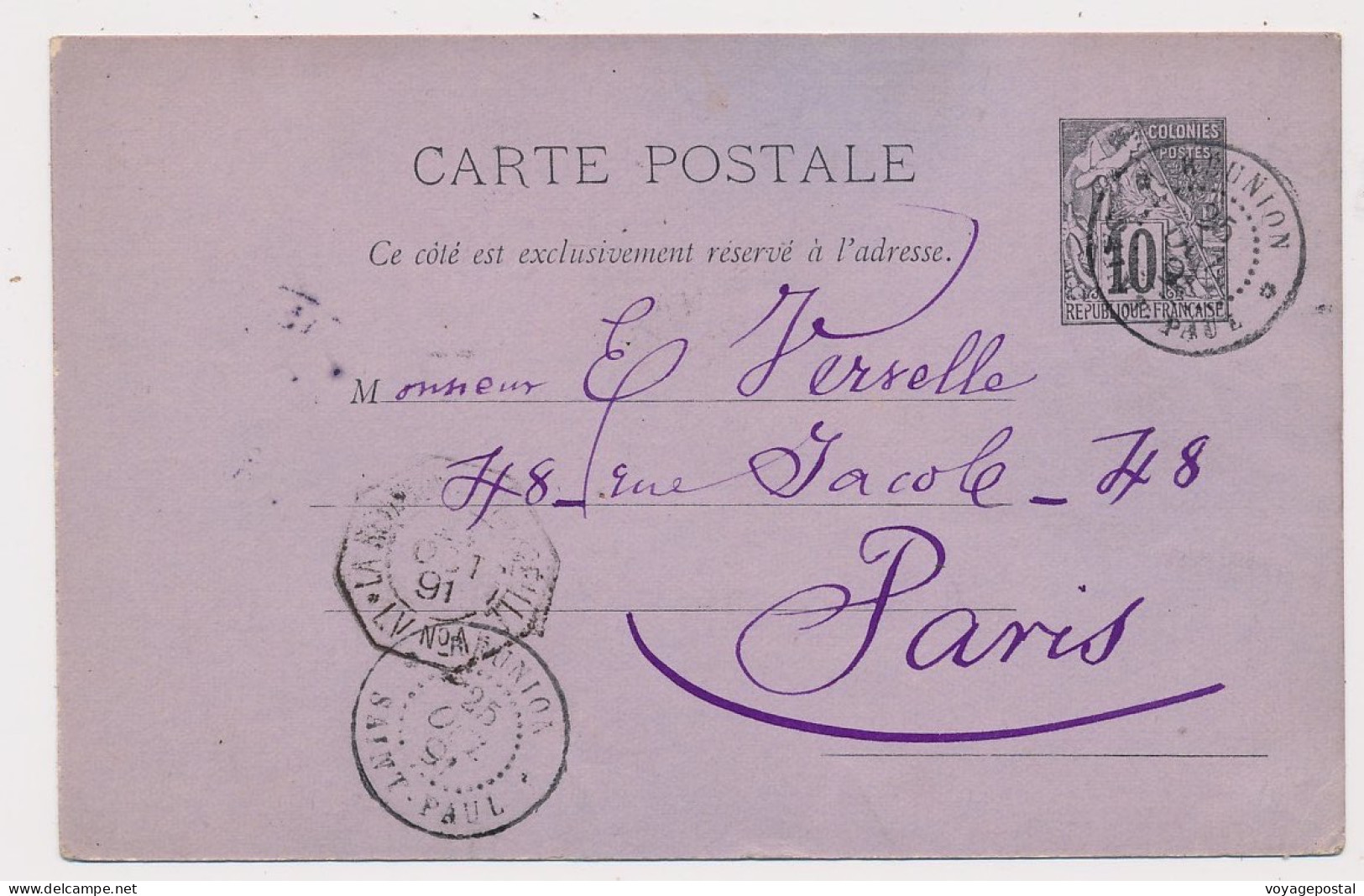 CARTE ENTIER POSTAL ALPHÉE DUBOIS SAINT PAUL REUNION PARIS LA REUNION A MARSEILLE - Briefe U. Dokumente