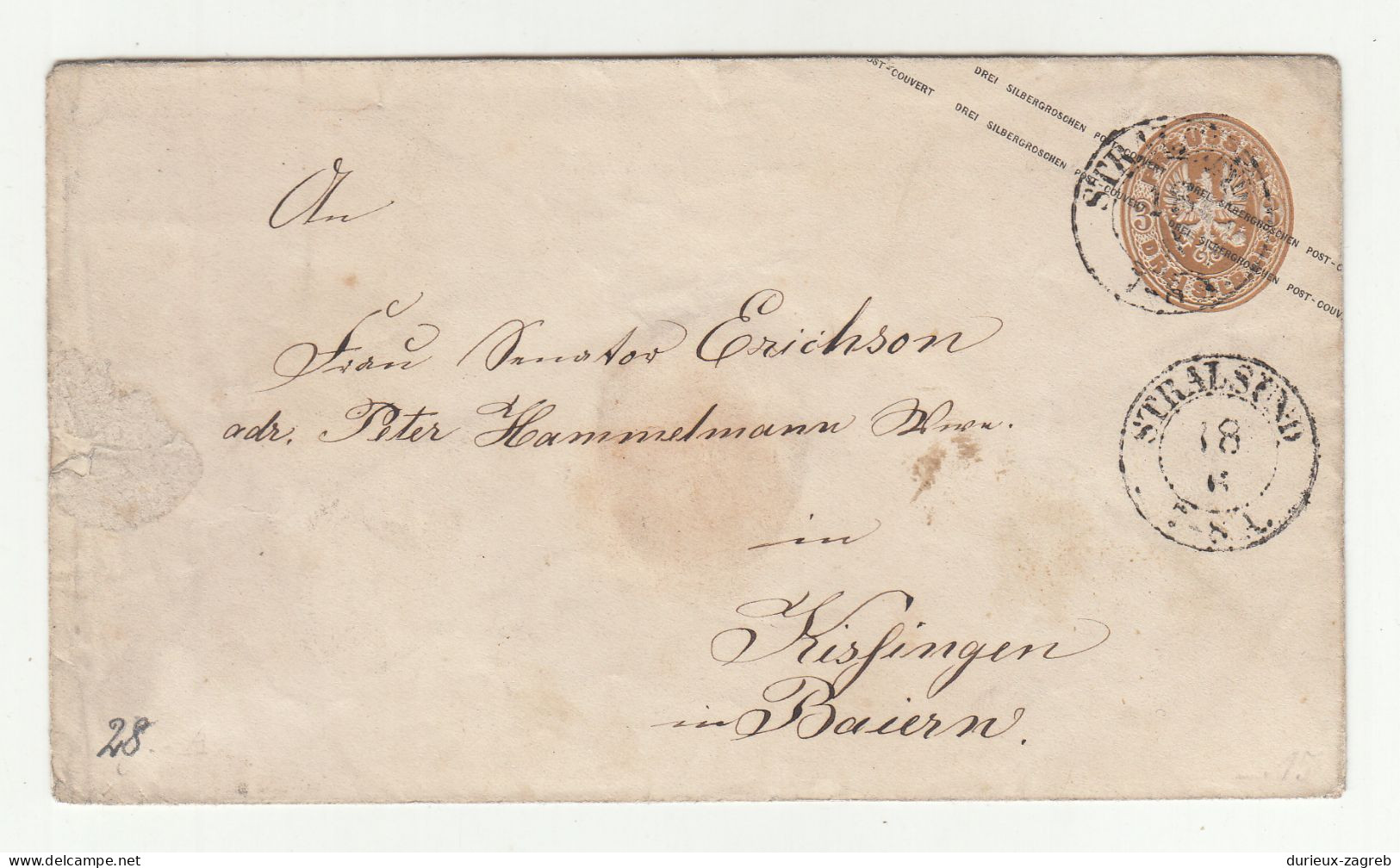 Preussen Postal Stationery Letter Cover Posted 187? Stralsund To Kissingen B230510 - Interi Postali