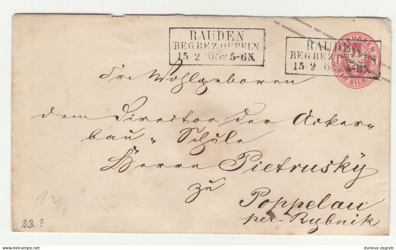 Preussen Postal Stationery Letter Cover Posted 1865 Rauden To Poppelau B230510 - Postal  Stationery