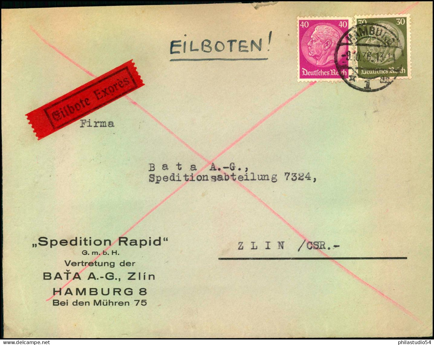 1936, Eilbrief Mit Seltenem 70 Pf. Sonderporto (20+50) Ab HAMBURG Nach Zlin (CSR) - Storia Postale