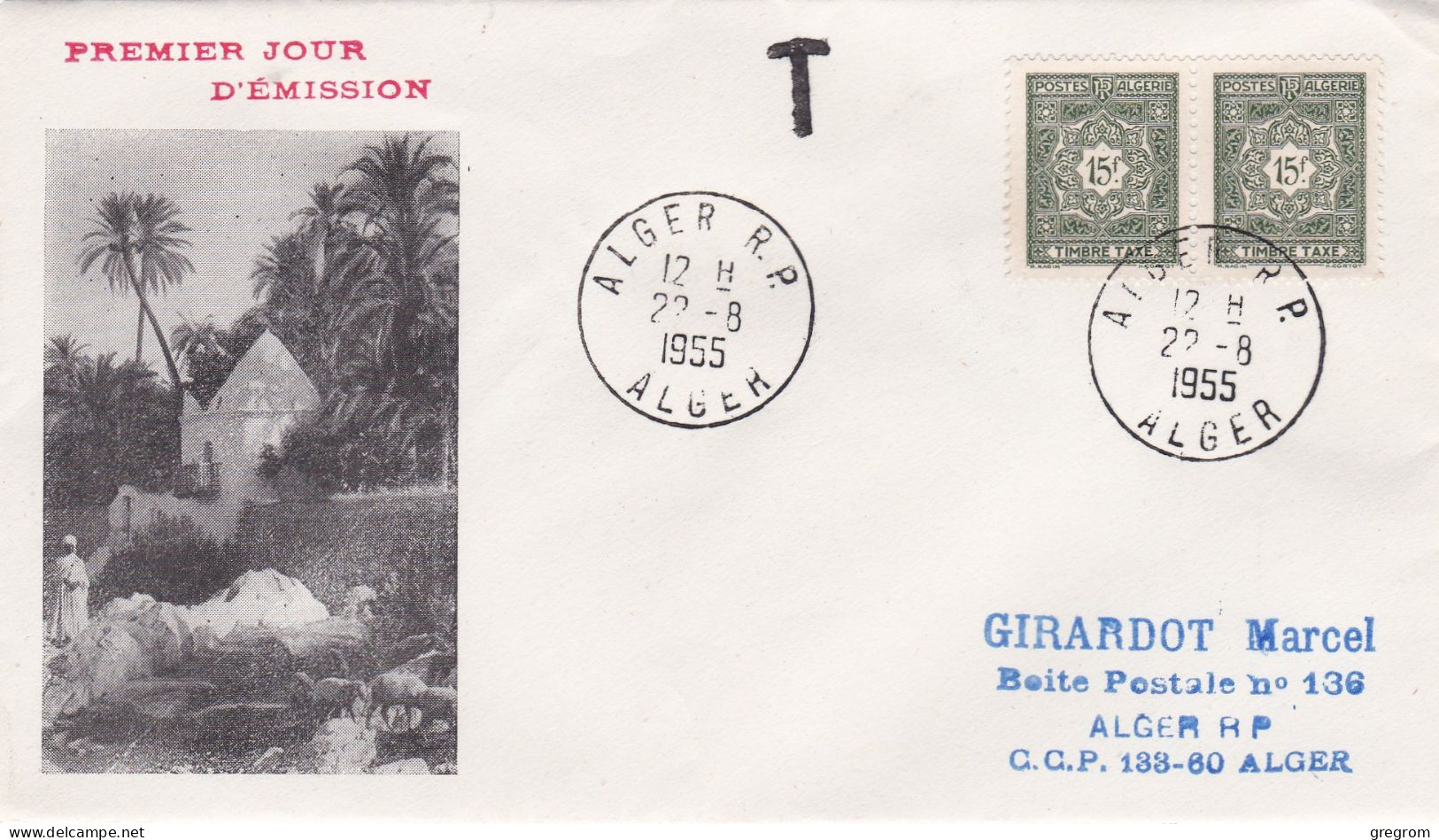 FRANCE , ALGERIE (CM ) Enveloppe FDC 1er Jour , Yt Paire Taxe 44  Alger  22/08/1955  ( Maximum Card ) - 1950-1959