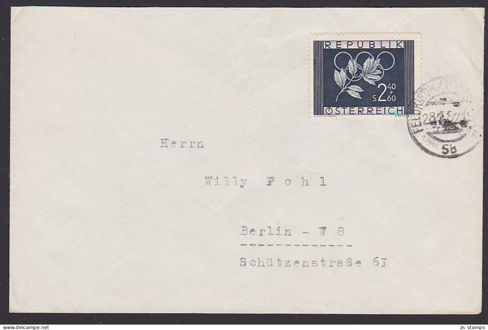 Olympische Spiele 1952 Oslo Und Helsinki, 2,40 + 0,60  Olymp. Ringe Und Lorbeerkranz (Österreich Mi. 969) Feldkirch - Hiver 1952: Oslo